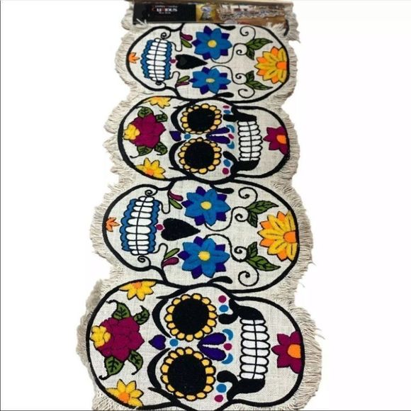 Sugar Skull Halloween Day of The Dead Table Runner Floral CURIOUS - Picture 2 of 5
